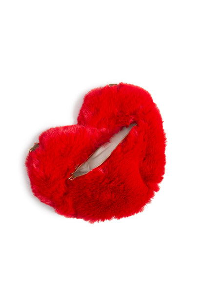 Cute Handbags Girls Purse - Faux Fur Crossbody - Fluffy Heart Chain Bag - Red