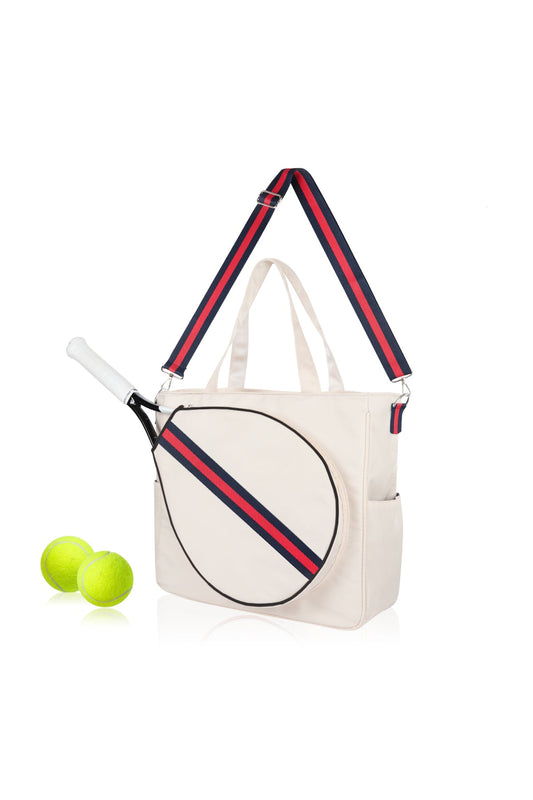 Mini Momo Tennis Bag Racket Tote Sports Racquet Bag - Tennis Bags for Women, Stripe Shoulder Strap - Main - Navy Red