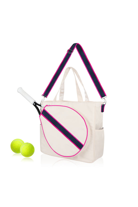 Mini Momo Tennis Bag Racket Tote Sports Racquet Bag - Tennis Bags for Women, Stripe Shoulder Strap - Main - Navy Pink