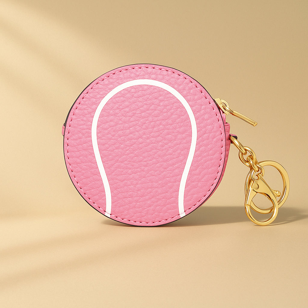 Pink Tennis Ball Key Chain Bag Charm - Sports Coin Purse Zip Pouch Cute Team Gift