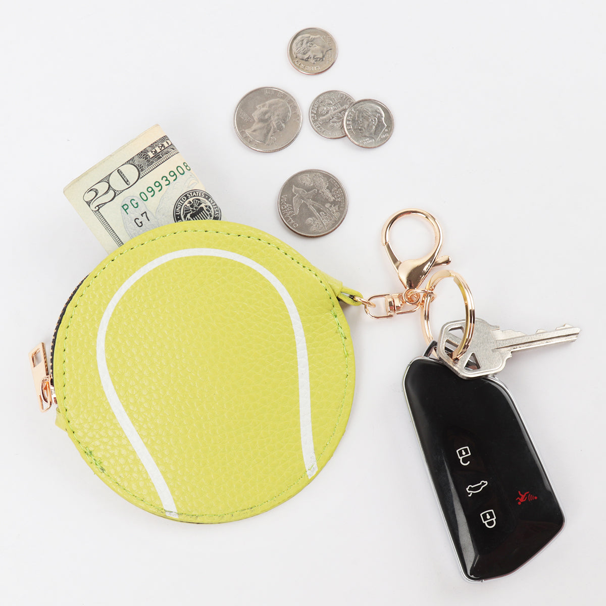 Pink Tennis Ball Key Chain Bag Charm - Sports Coin Purse Zip Pouch Cute Team Gift
