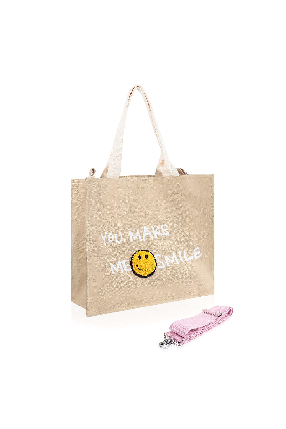 Smile Canvas Tote Bag Shoulder Crossbody Strap Fabric Shopper Purse Handbag - Beige