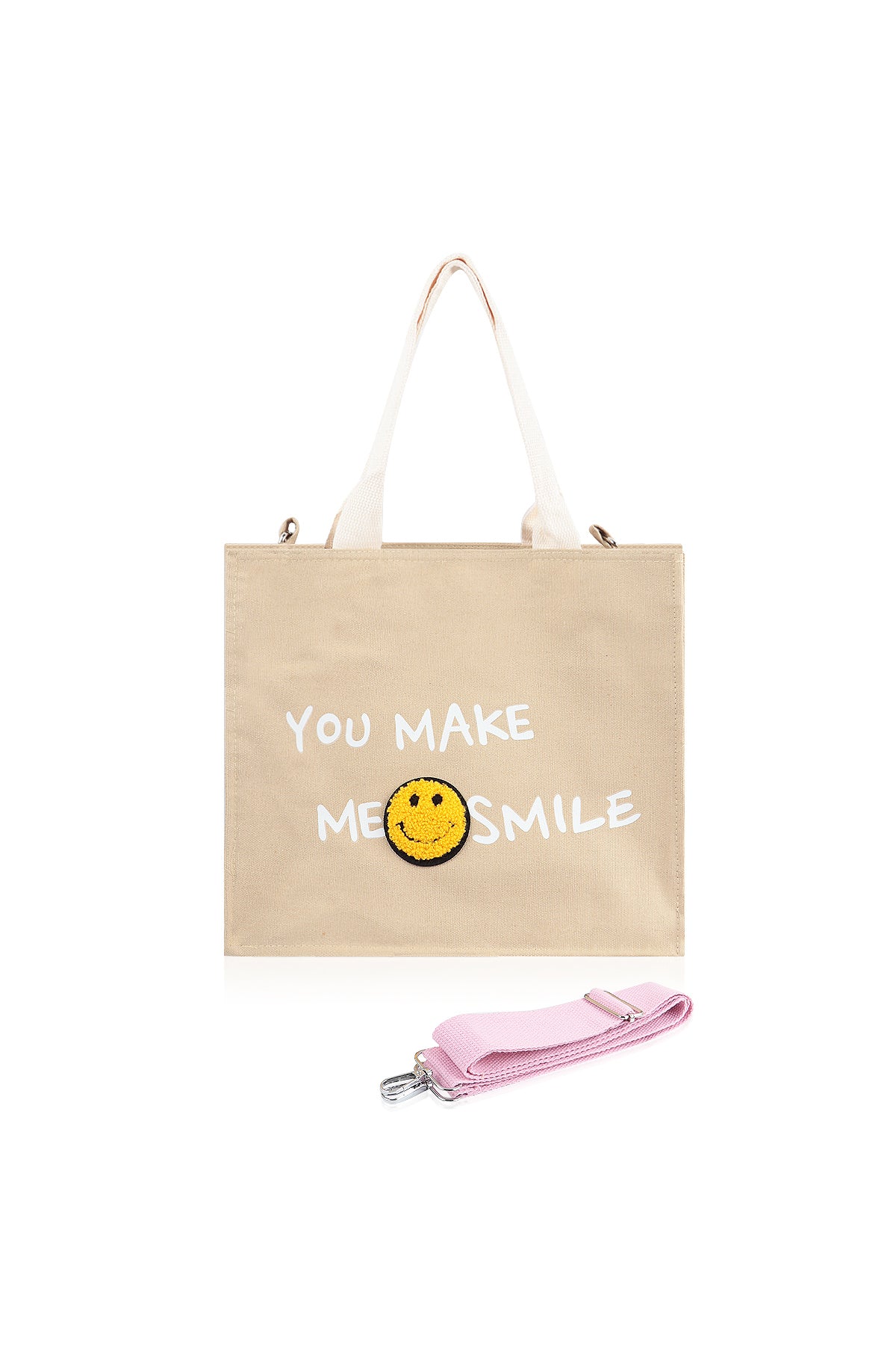 Smile Canvas Tote Bag Shoulder Crossbody Strap Fabric Shopper Purse Handbag - Beige