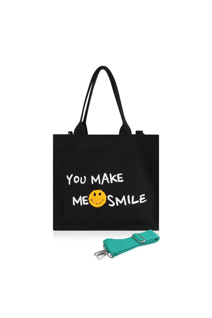 Smile Canvas Tote Bag Shoulder Crossbody Strap Fabric Shopper Purse Handbag - Black