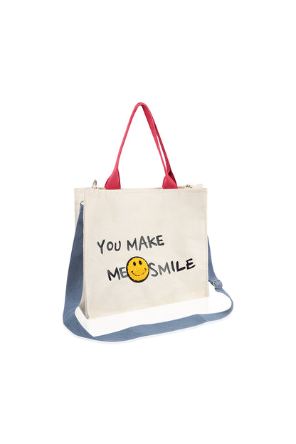Smile Canvas Tote Bag Shoulder Crossbody Strap Fabric Shopper Purse Handbag - Ivory