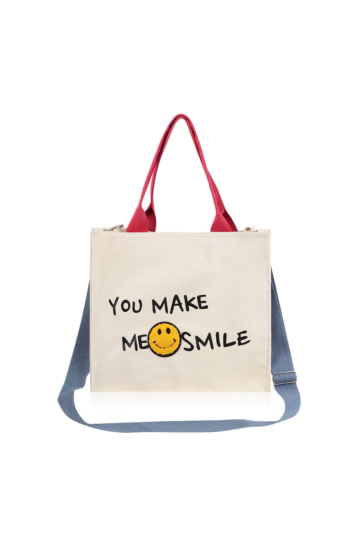 Smile Canvas Tote Bag Shoulder Crossbody Strap Fabric Shopper Purse Handbag - Ivory