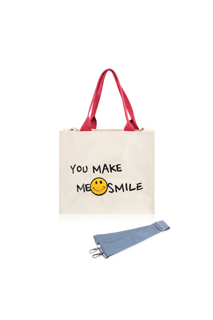 Smile Canvas Tote Bag Shoulder Crossbody Strap Fabric Shopper Purse Handbag - Ivory