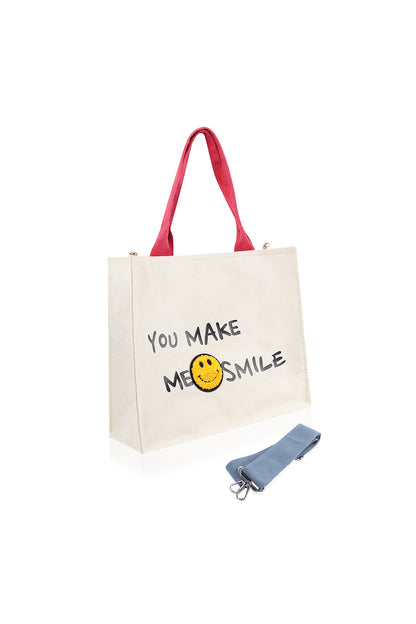 Smile Canvas Tote Bag Shoulder Crossbody Strap Fabric Shopper Purse Handbag - Ivory