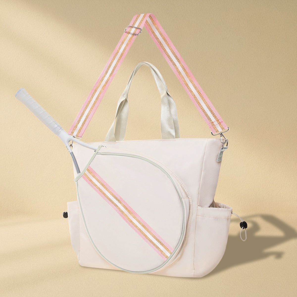 Tennis Striped Tote Bag  - Ivory/Gold Pink