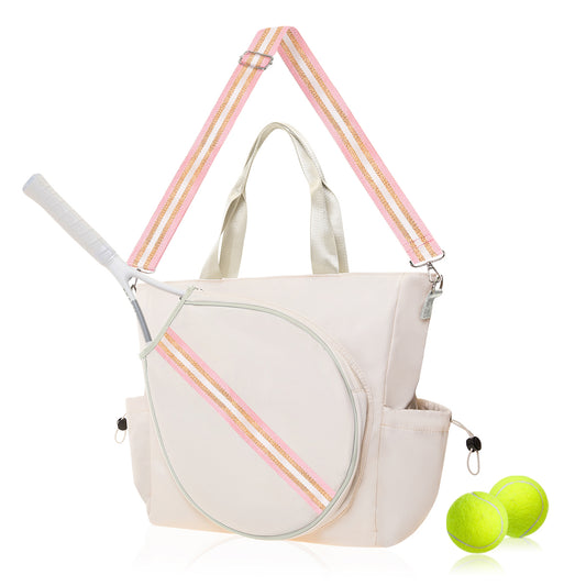 Tennis Striped Tote Bag  - Ivory/Gold Pink