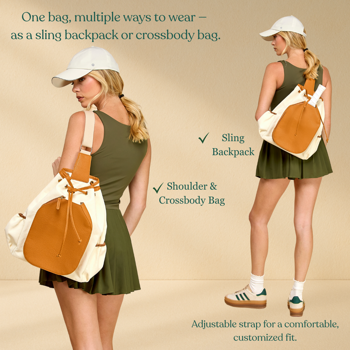 Pickleball Sling Bag - Large Capacity, Stylish, Eco-Friendly - Brown