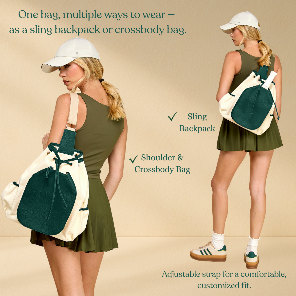 Pickleball Sling Bag - Large Capacity, Stylish, Eco-Friendly - Green