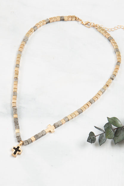 Charm Cross Necklace for Women - Natural Stone Cubic Bead - Grey Japser