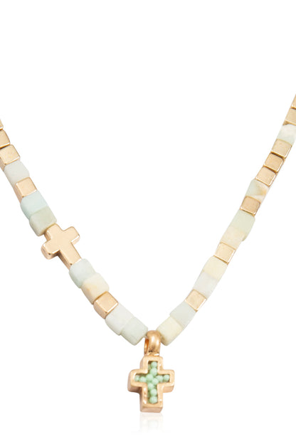 Charm Cross Necklace for Women - Natural Stone Cubic Bead - Amazonite