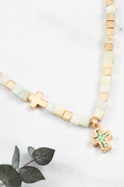 Charm Cross Necklace for Women - Natural Stone Cubic Bead - Amazonite