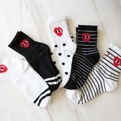 Cute  Heart Stripe Dots Women's Mid Calf Half Crew Socks Set