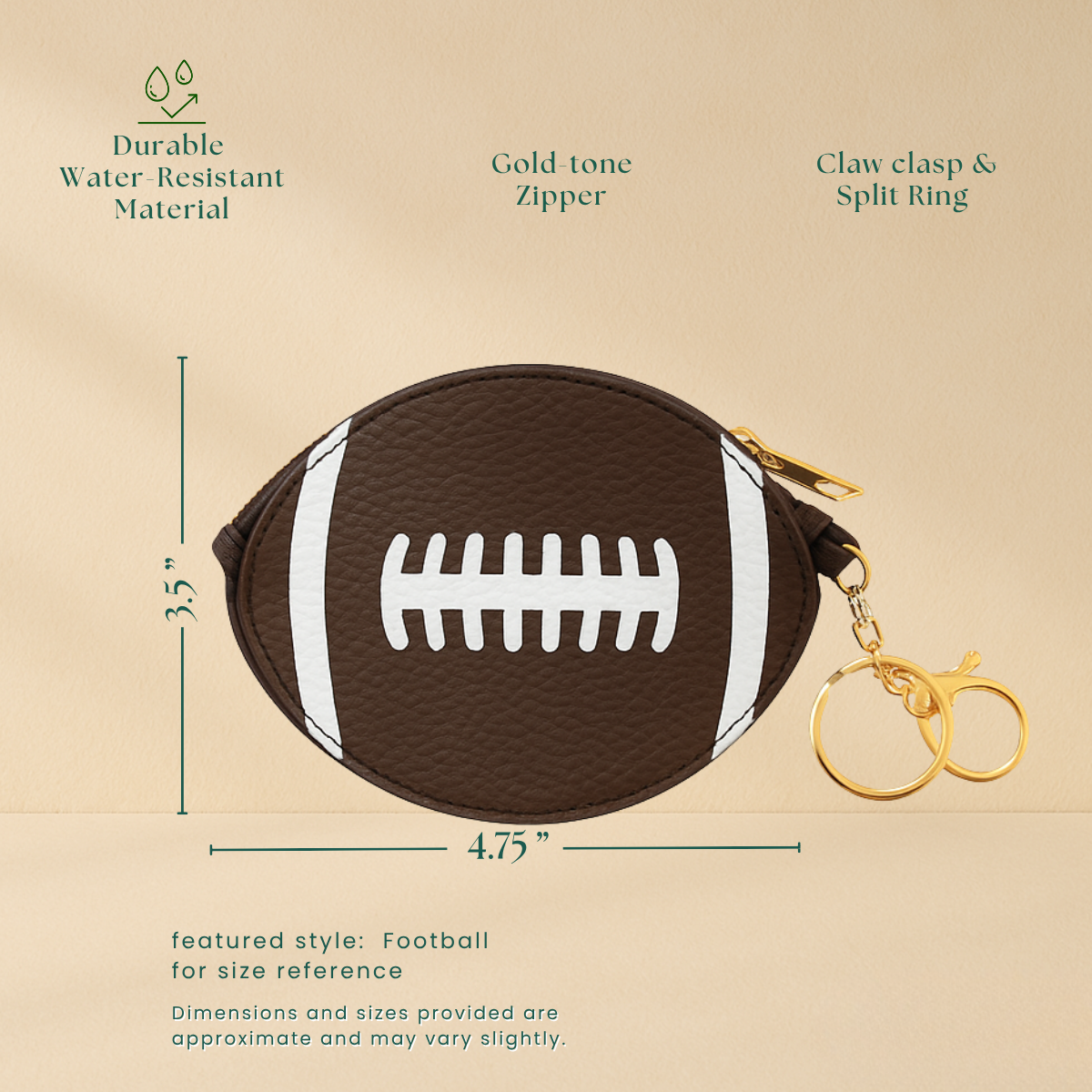 Football Key Chain Bag Charm - Sports Coin Purse Zip Pouch Cute Team Gift